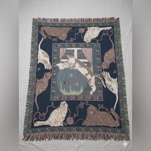 Vintage Cat with Fishbowl Woven Tapestry Throw Blanket with Fringe 62” x 45”